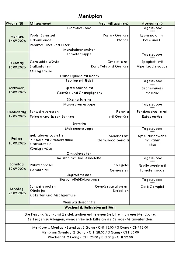 Menu vom Montag 14.09 bis Sonntag 20.09