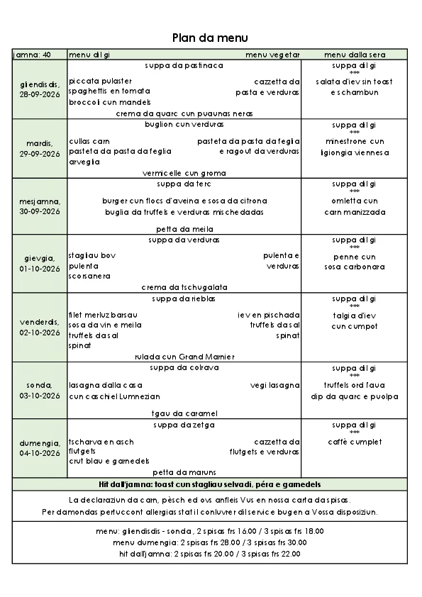 Menu da gliendisgis, ils 28.09 a dumengia, ils 04.10