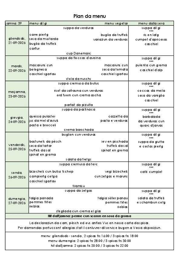 Menu da gliendisgis, ils 21.09 a dumengia, ils 27.09