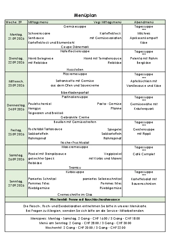 Menu vom Montag 21.09 bis Sonntag 27.09