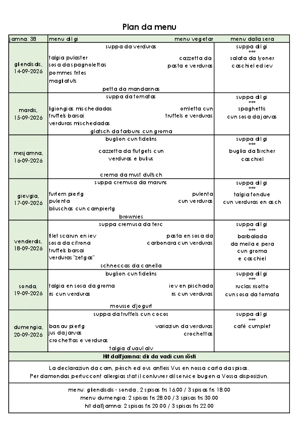 Menu da gliendisgis, ils 14.09 a dumengia, ils 20.09
